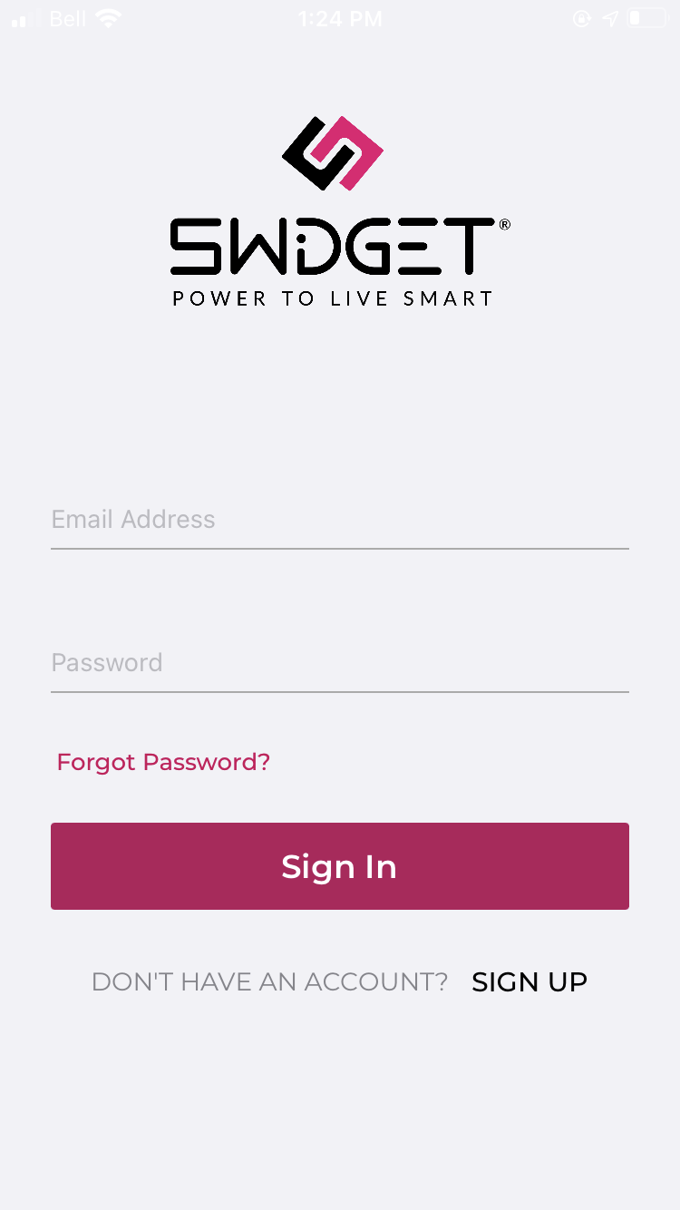Swidget App login screen