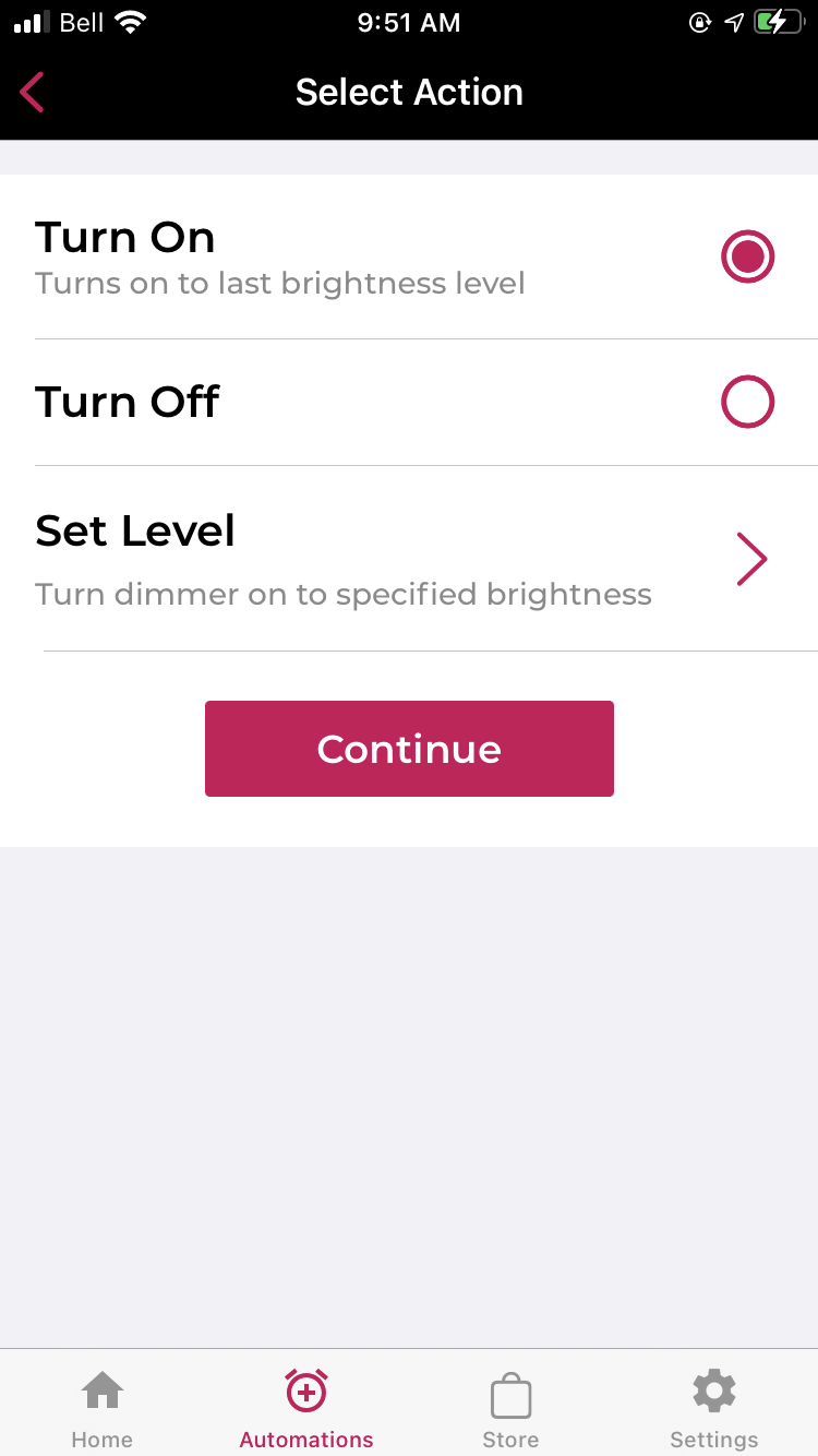 Select Action Dimmer ON