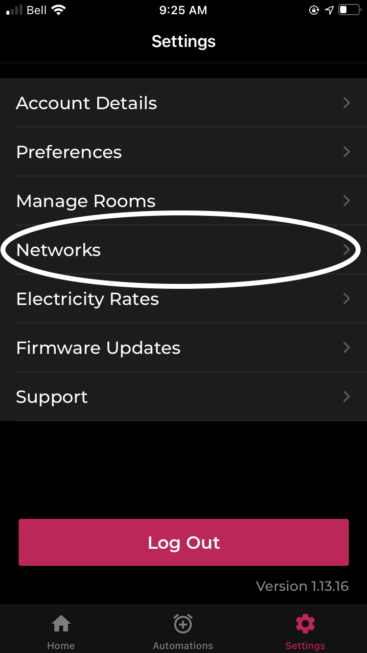 Settings Screen Select Network