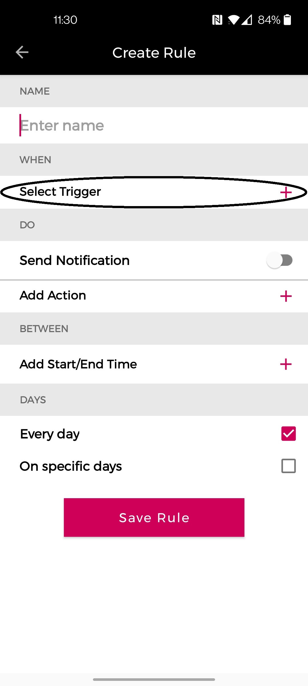 Create Rule - Select Trigger